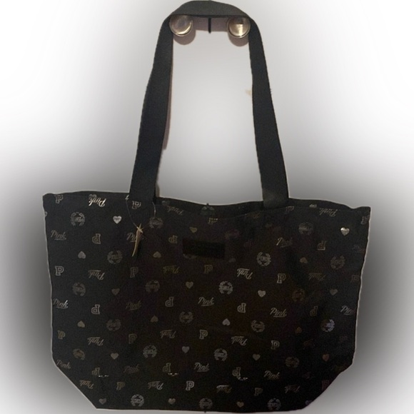 🖤VICTORIA’S SECRET🖤💕PINK💕🖤Black & Silver🩶Logo Large Canvas Tote Bag/NWT - Picture 2 of 6